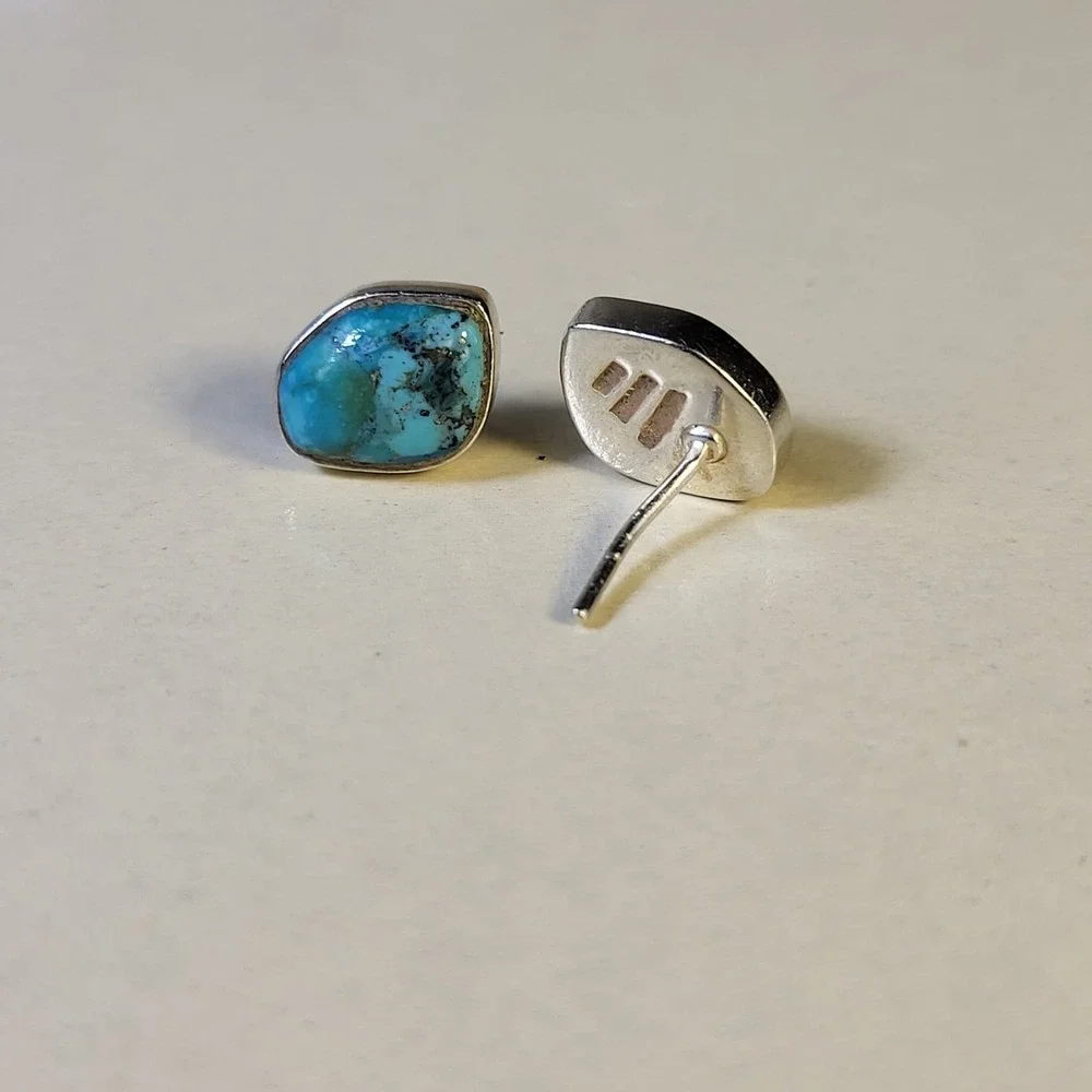 925 Sterling Silver Turquoise Bezel Stud Earrings Vintage Blue Marked